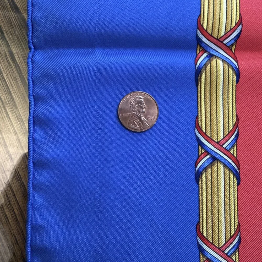 HERMES Vintage Republique Francaise Red Blue 90 cm Silk Square Scarf Box Good - Picture 12 of 16